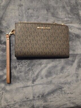 Michael Kors Brown MK Logo Wristlet Clutch with Gold Hardware